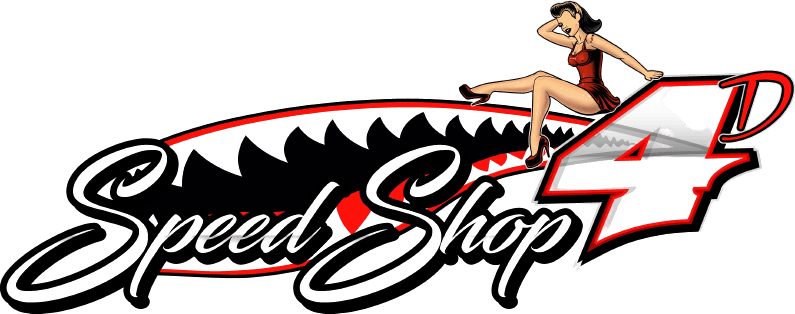 Speed Shop 4 logo with a red-and-black script and a woman in a racing pose on a large red number 4