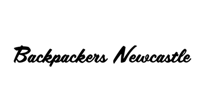 A black and white logo for backpackers newcastle on a white background.