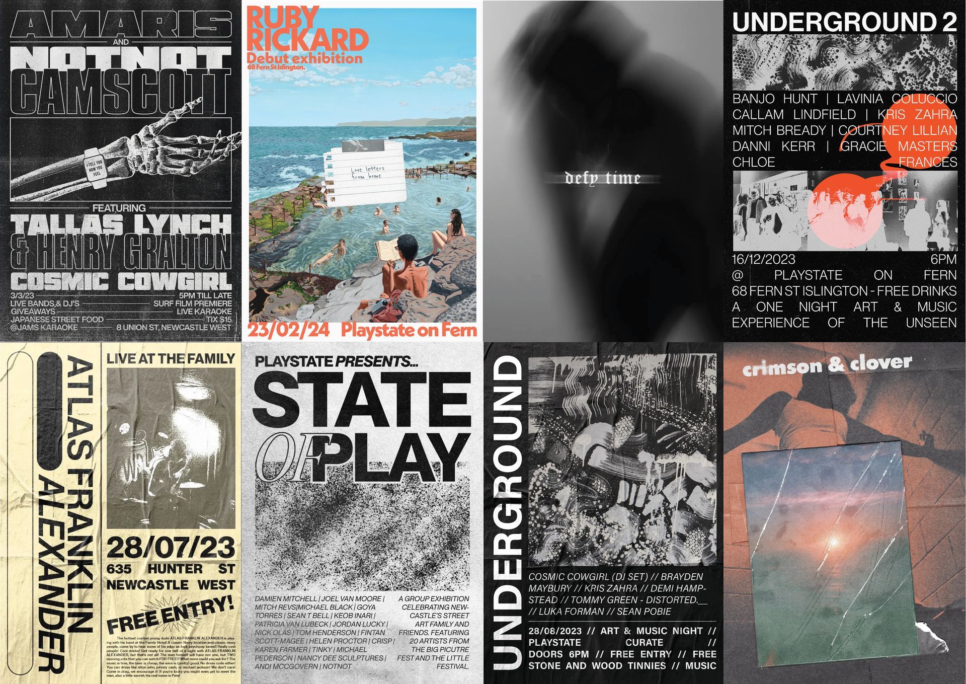 A collage of posters including one that says state play