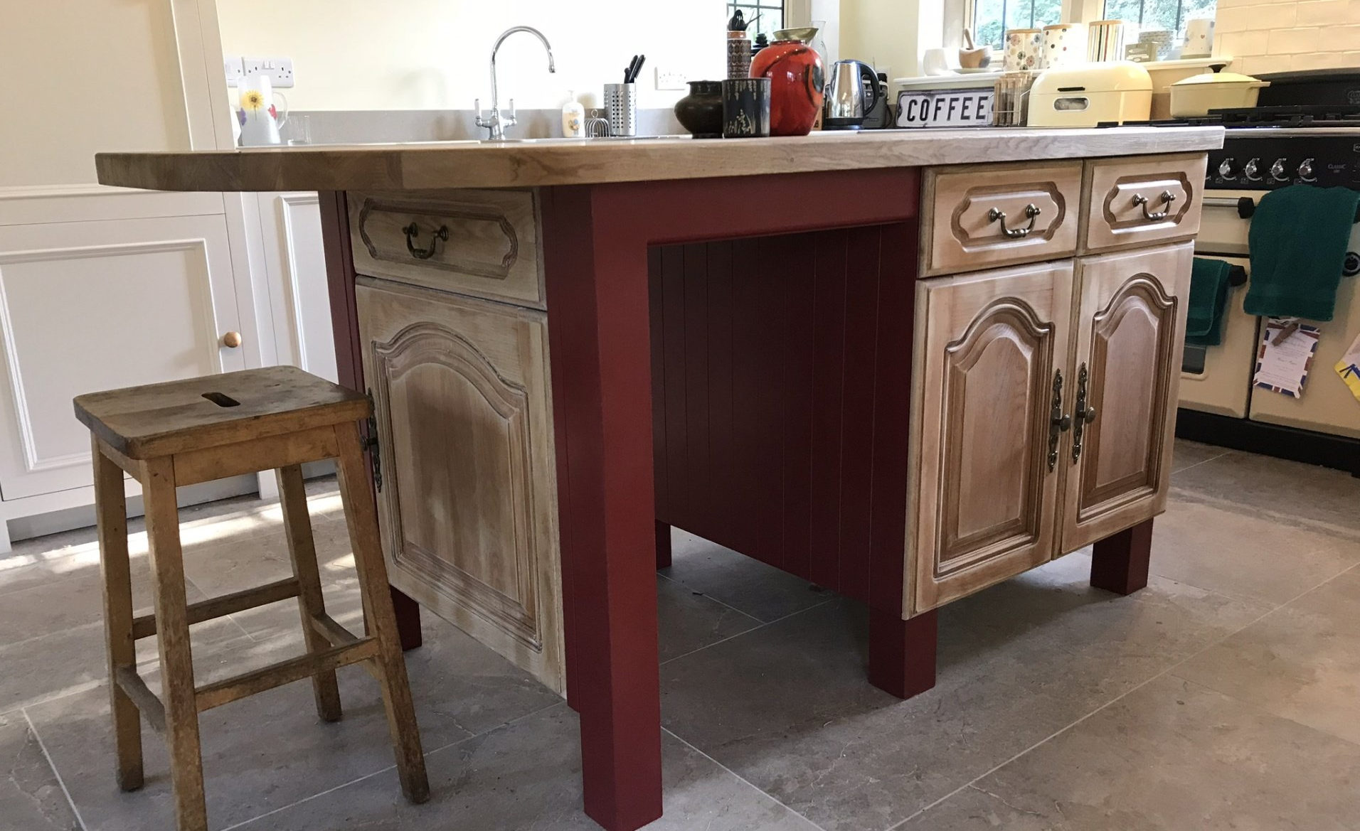 upcycled cupboard doors on island unit