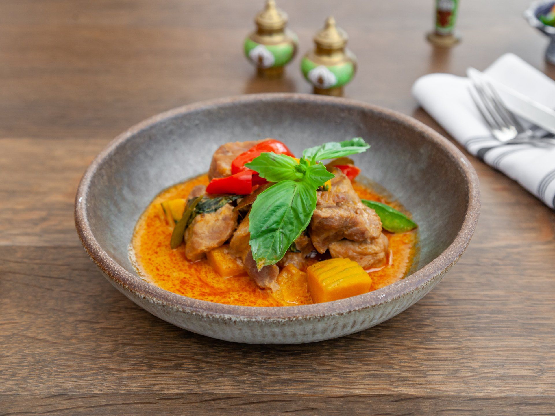 Tender pork shoulder, Japanese pumpkin with tamarind red curry.