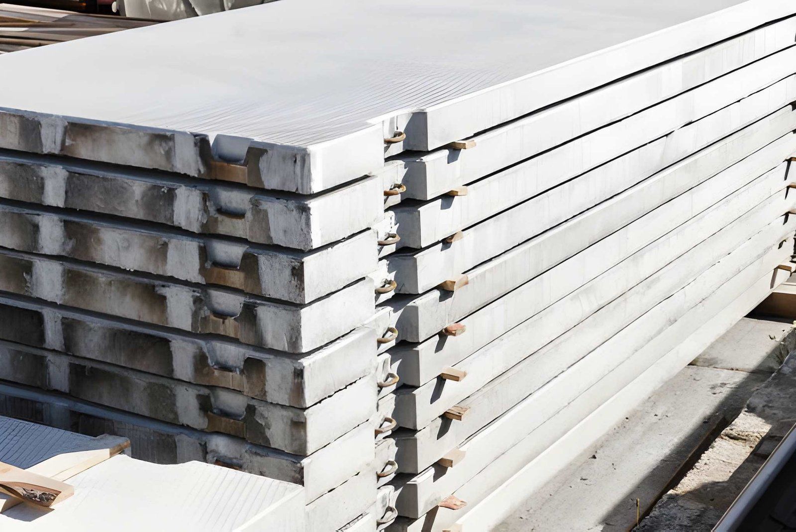 Stacked white insulated panels with gray edges, piled outdoors in a construction yard