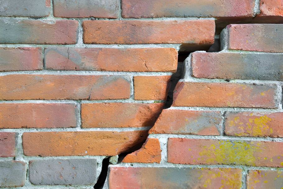 Cracked red brick wall with a large diagonal gap and shifted bricks