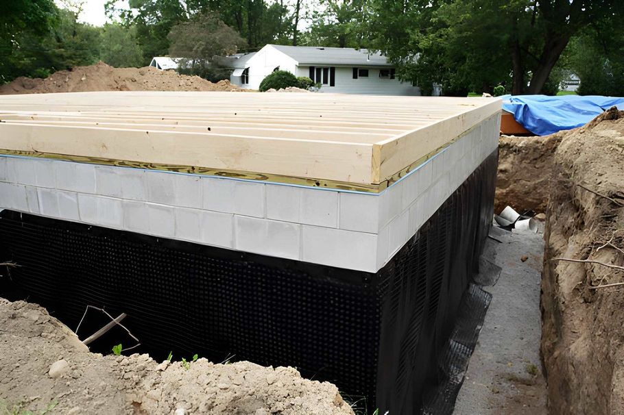 Construction site with black foundation wall, white block top, and wood sheathing beside an excavated trench