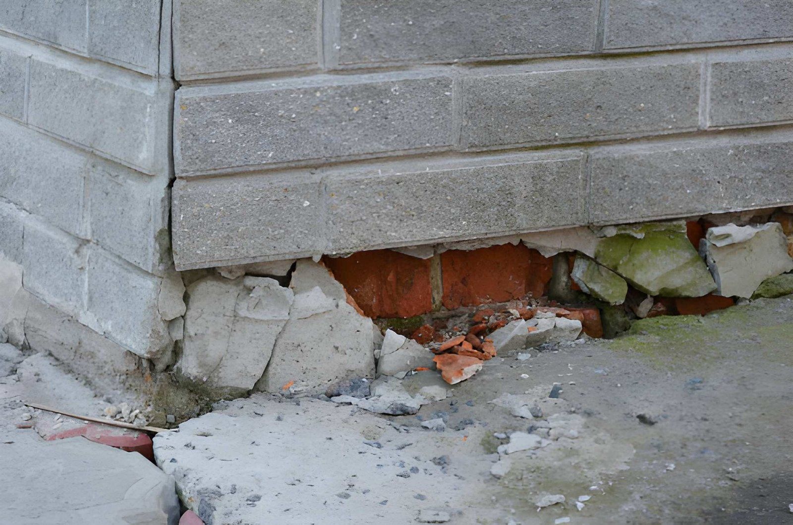 Damaged brick wall base with crumbling mortar and exposed red brick near a concrete sidewalk