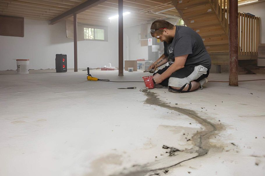 Worker sealing a floor crack in a basement with a caulking gun