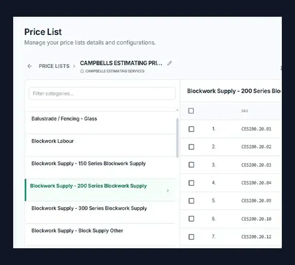 Trade-by-trade costings with current supplier pricing