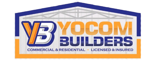 Logo for Yocom Builders, featuring a stylized "YB" icon, the company name in orange and blue, and "Licensed & Insured" text.