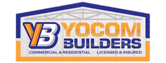 Logo for Yocom Builders, featuring a stylized "YB" icon, the company name in orange and blue, and "Licensed & Insured" text.