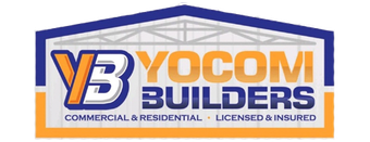 Logo for Yocom Builders, featuring a stylized "YB" icon, the company name in orange and blue, and "Licensed & Insured" text.