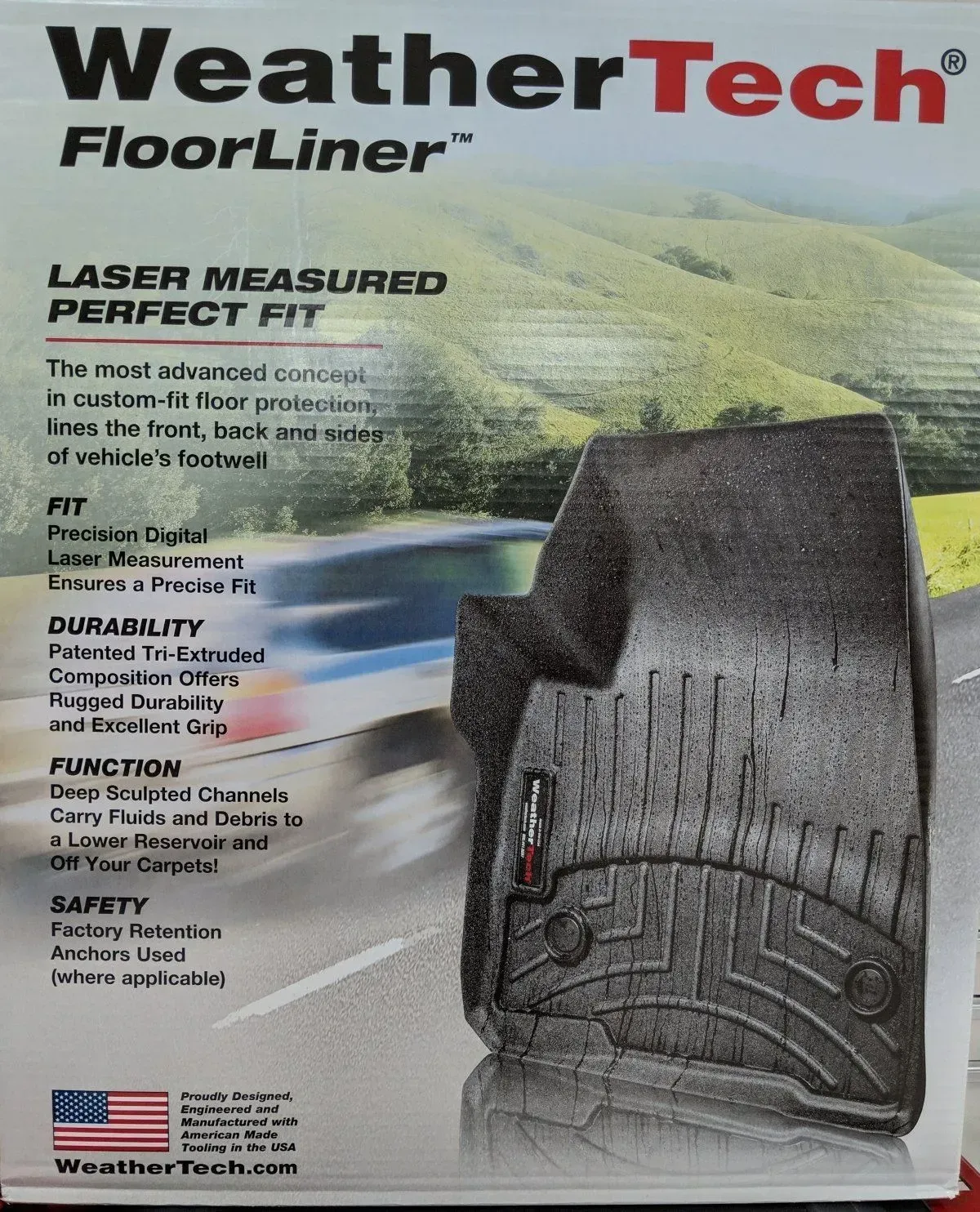 A box of weather tech floor liners that says laser measured perfect fit