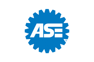Blue gear-shaped ASE logo on a white background