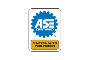 ASE Certified Master Auto Technician logo with blue gear and gold badge on a white background