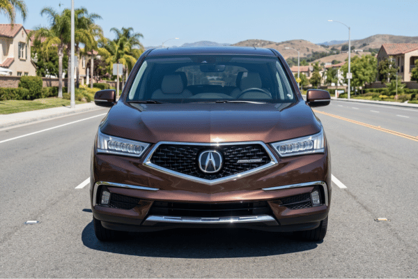 Brown Acura SUV driving on suburban road