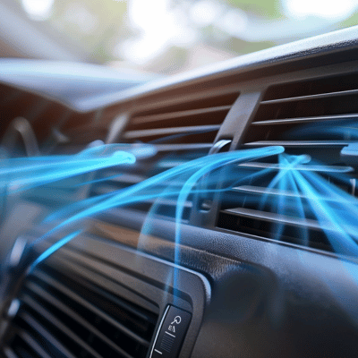Car air vents with blue air flowing, dashboard in close-up.