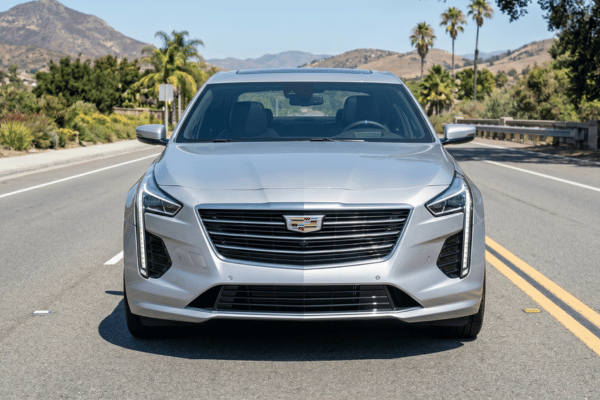 Silver Cadillac sedan driving on suburban road