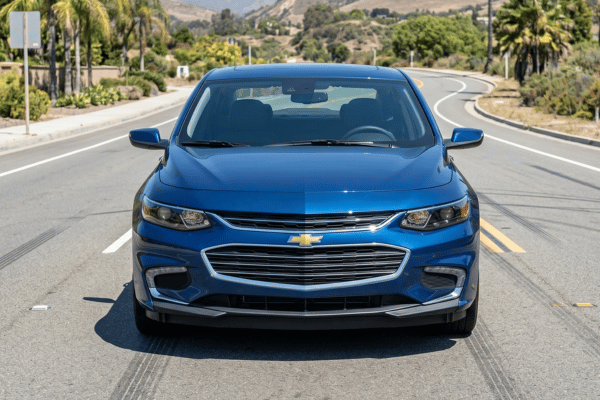 Blue Chevrolet sedan driving on suburban road