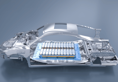 Cutaway view of an electric vehicle chassis showing battery pack placement.