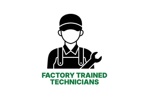 Black technician icon with wrench and green text reading “FACTORY TRAINED TECHNICIANS” on a white background