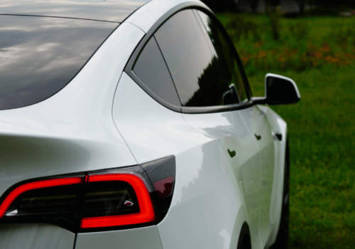 Rear view of a white car with illuminated taillight, parked on grass with greenery and flowers.