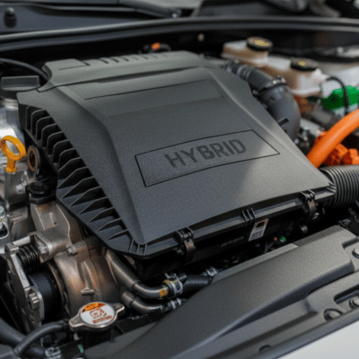 Close-up of a car engine bay, featuring a black engine cover labeled