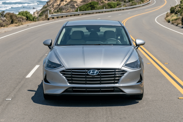 Silver Hyundai sedan driving on coastal road