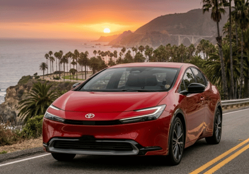 Red Prius driving along a coastal highway at sunset with ocean views, palm trees, and cliffs.