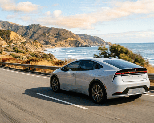 Silver Lexus hybrid driving along a scenic coastal highway,