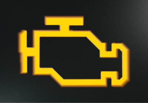 Illuminated check engine light symbol on a dashboard, indicating a vehicle issue.