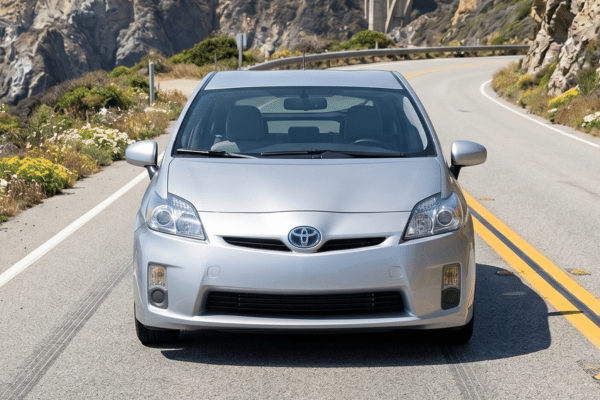 Silver Toyota Prius driving on coastal road