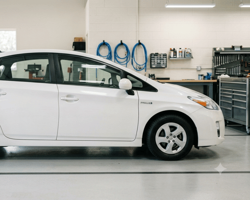 Side profile of a white Toyota Prius hybrid parked inside a clean, modern auto repair shop