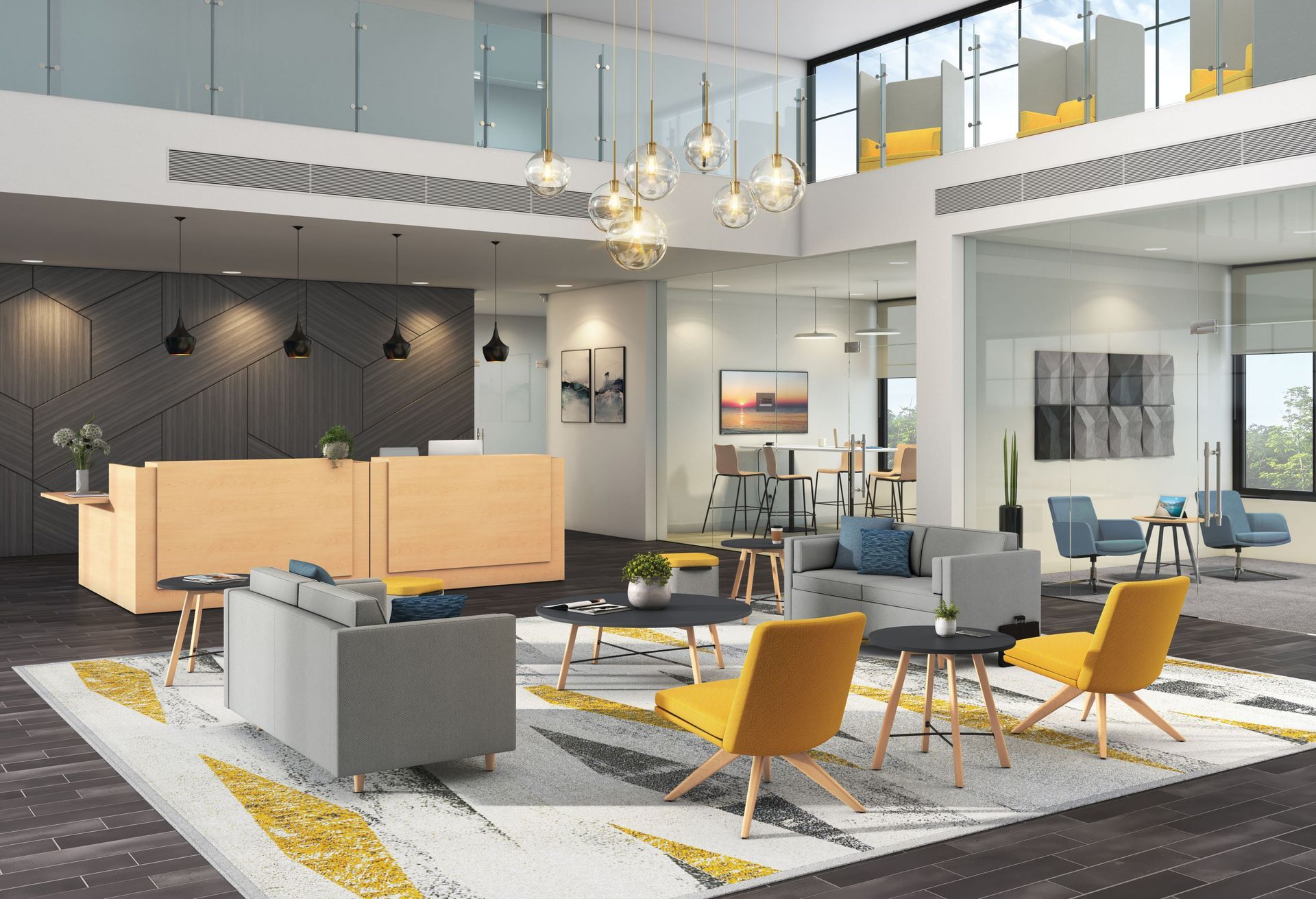 A hotel lobby with a couch , chairs , tables and a reception desk.