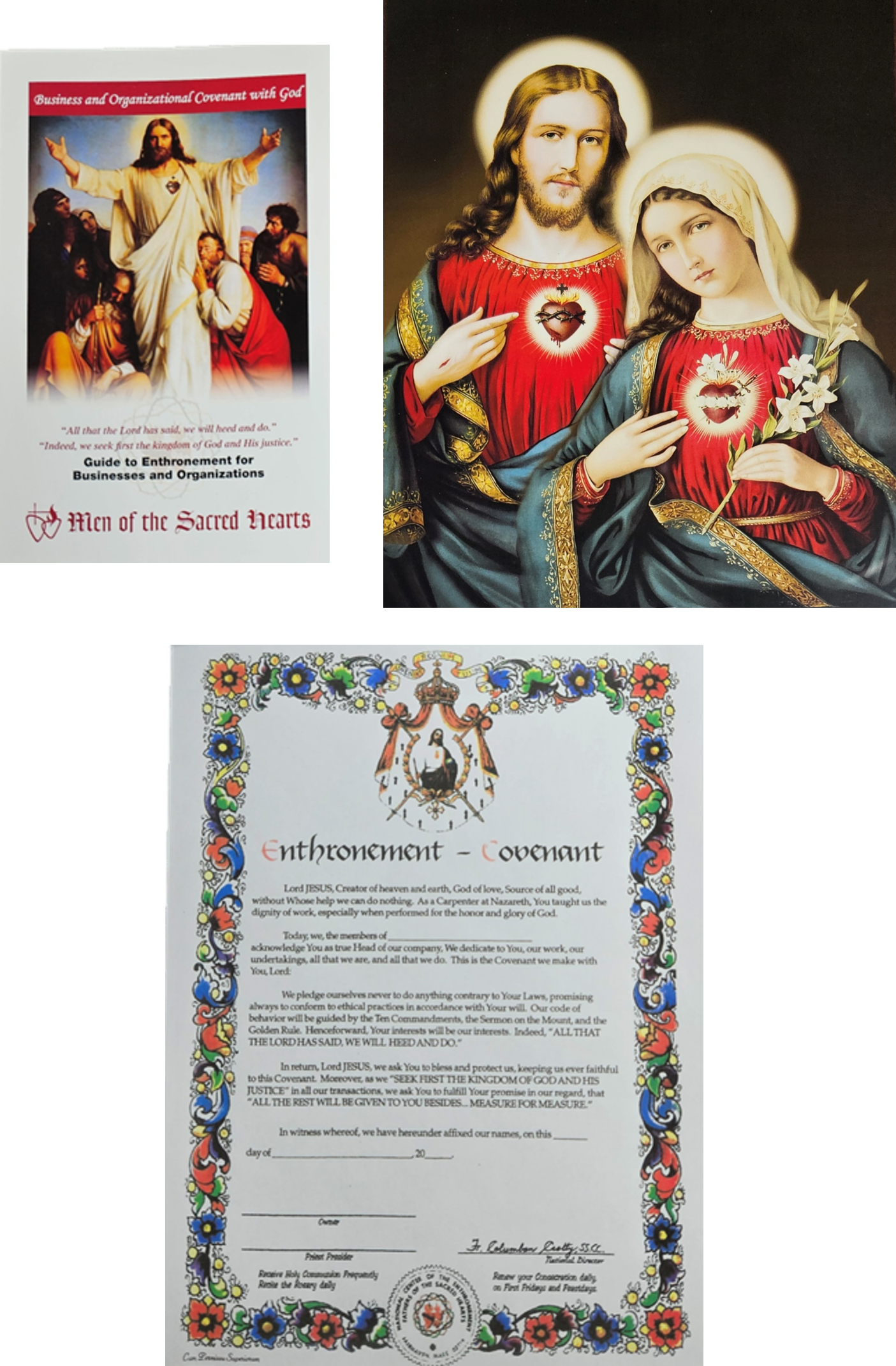 A picture of jesus and mary and a certificate, the kit for consecration