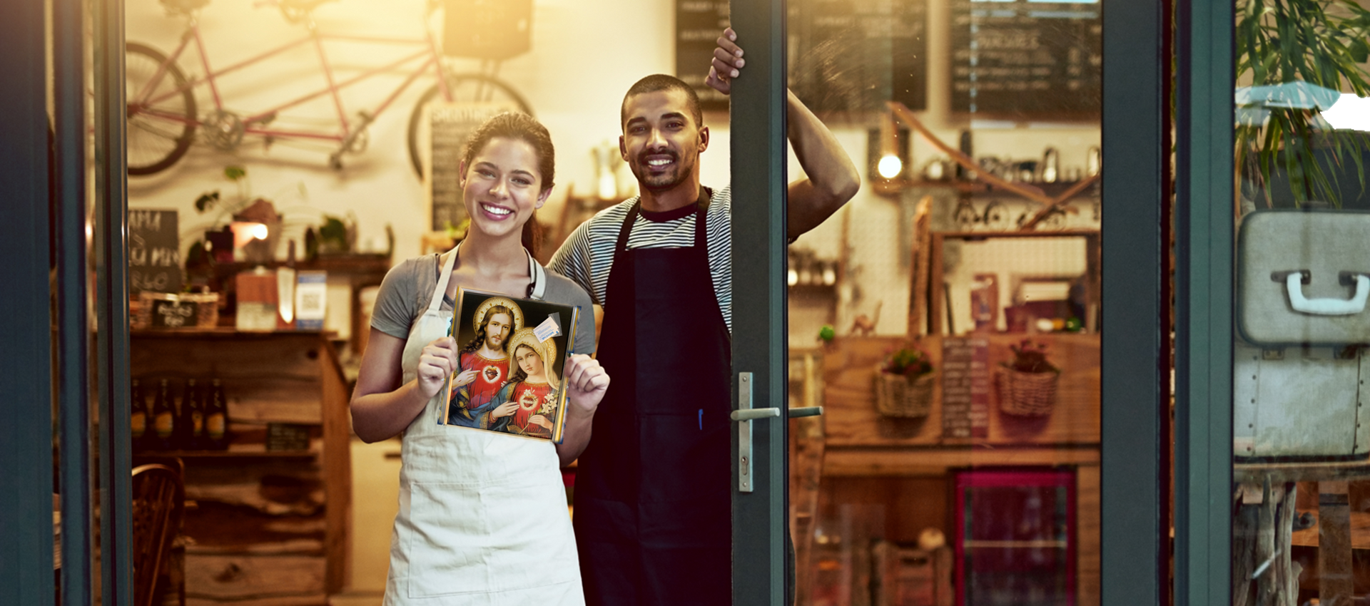 A man and a woman are standing in the doorway of a restaurant just consecrated their business to Jesus and Mary
