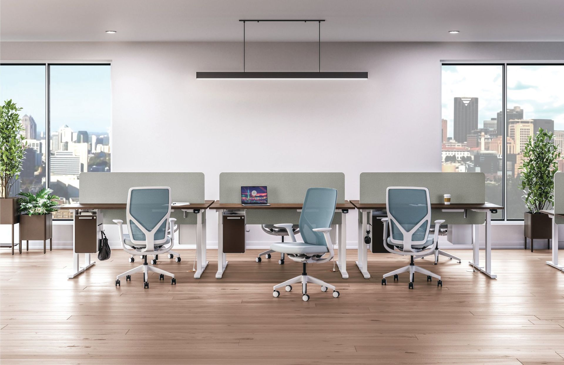 A room with a lot of desks and chairs in it