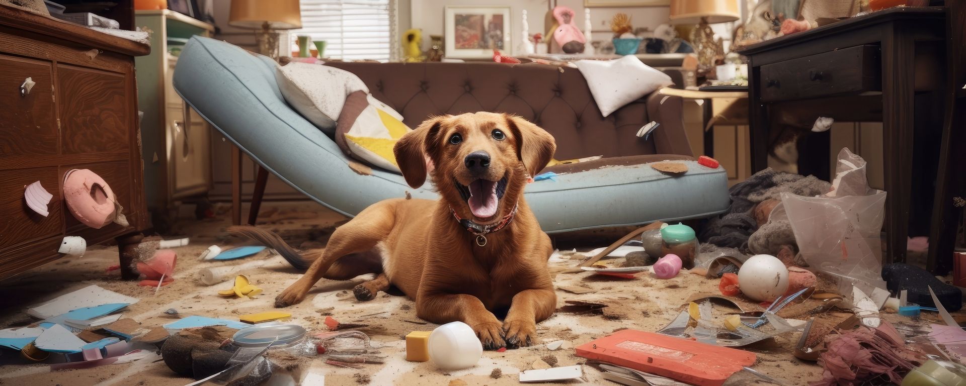 happy dog in messy room