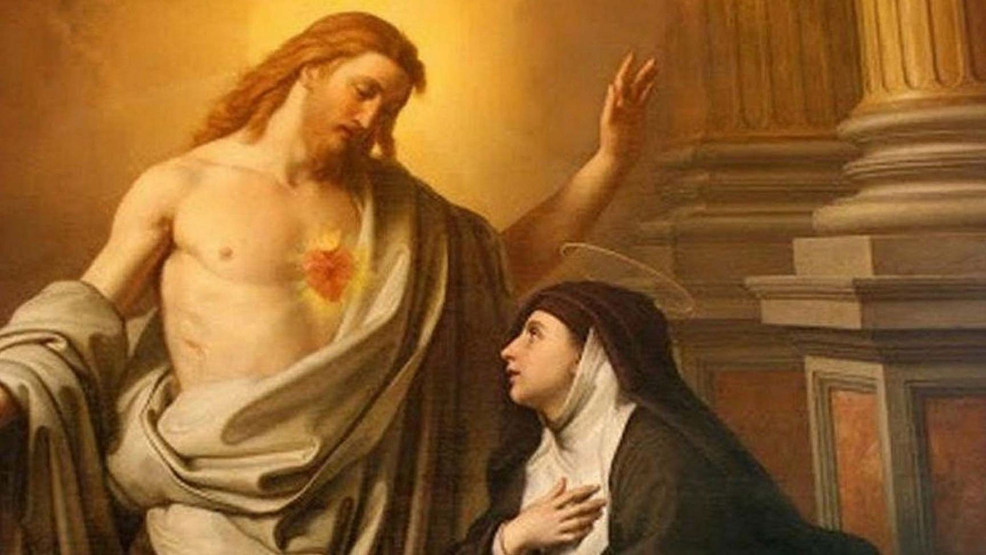 A painting of jesus and a woman in a church, the 12 promises of the sacred heart