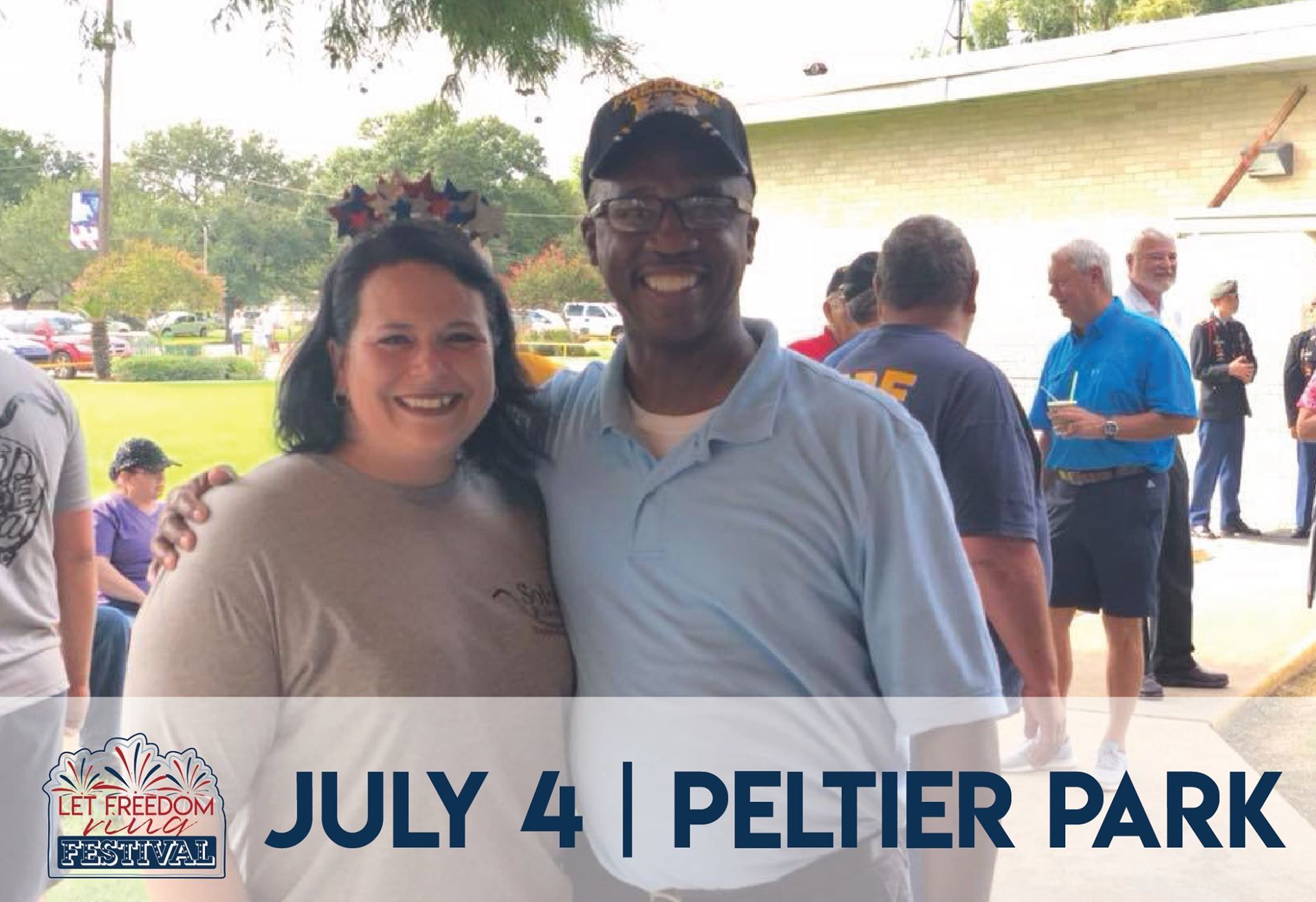 A man and a woman are posing for a picture at peltier park