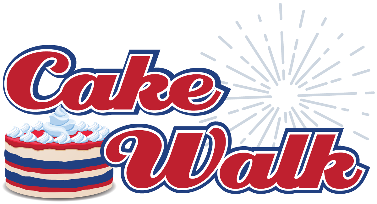 A logo for a cake walk with a cake in the background.