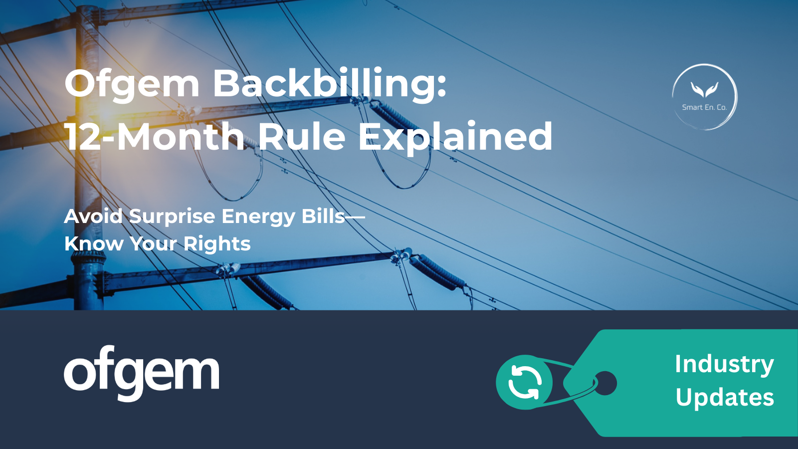A poster with a picture of power lines and the words ofgem backbilling 12 month rule explained
