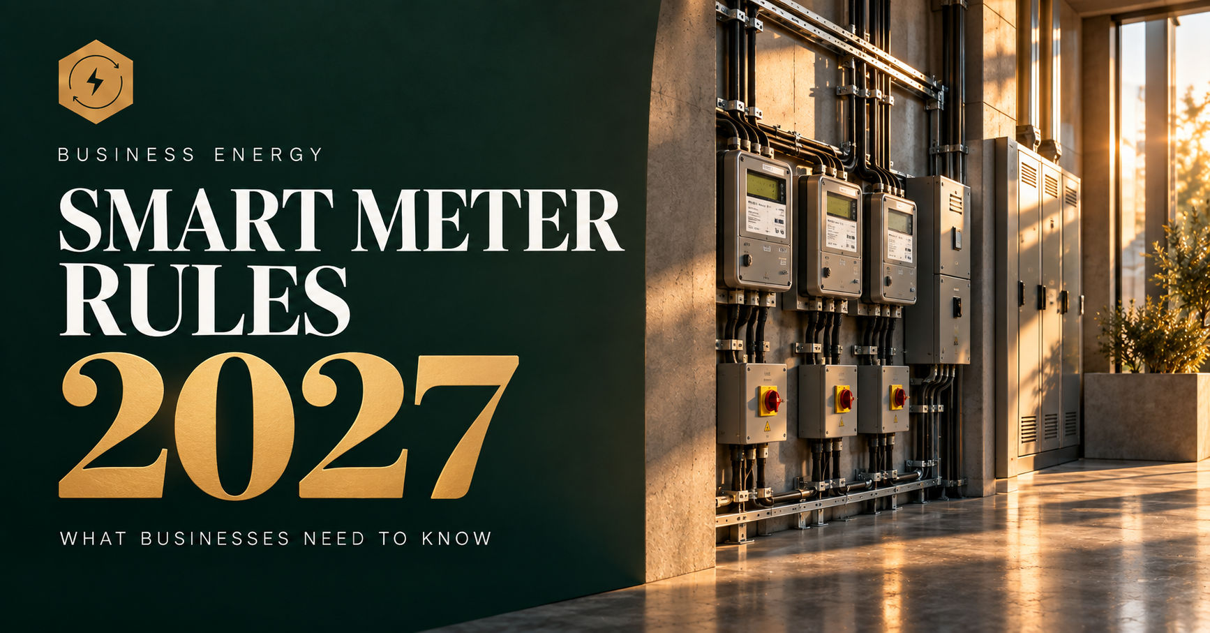 Smart Meter Rules 2027 event banner with modern utility cabinets in a lit industrial corridor