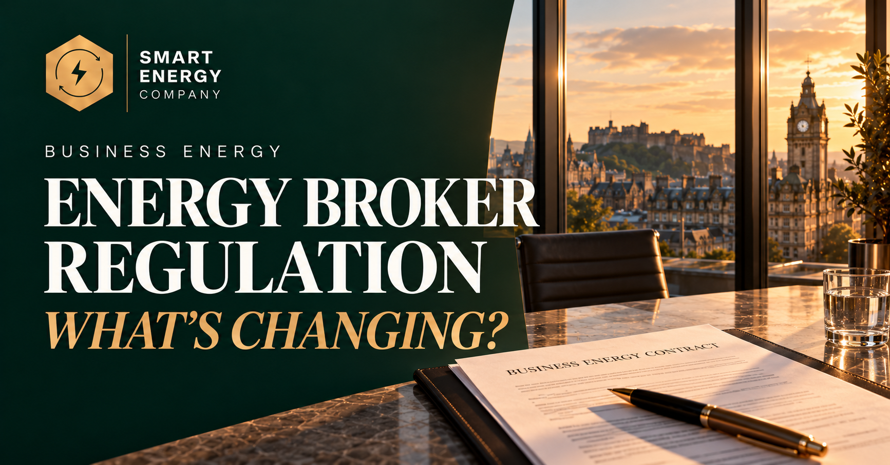 Smart Energy Group webinar banner on energy broker regulation, with sunset city view and desk in foreground