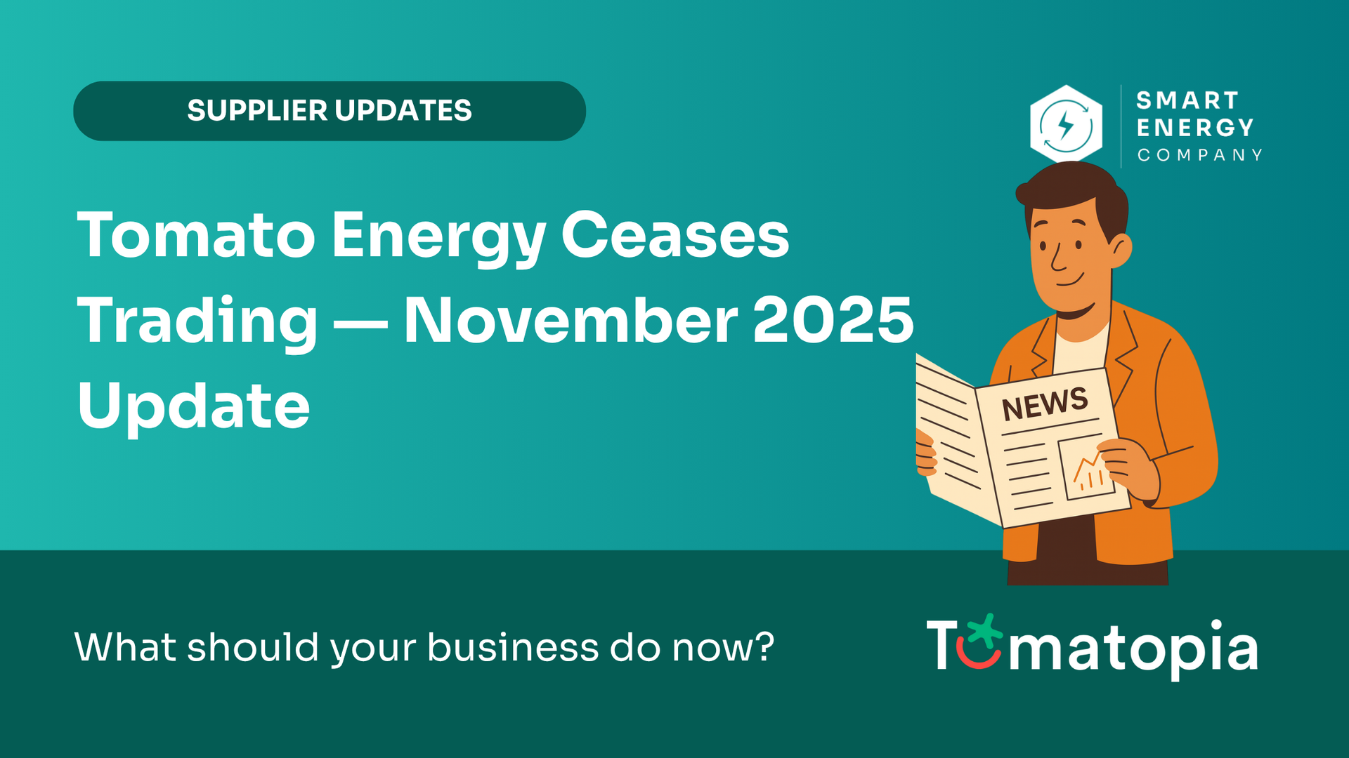 An illustration about Tomato Energy ceasing trading in November 2025. A man reads a newspaper, and a company logo is visible.