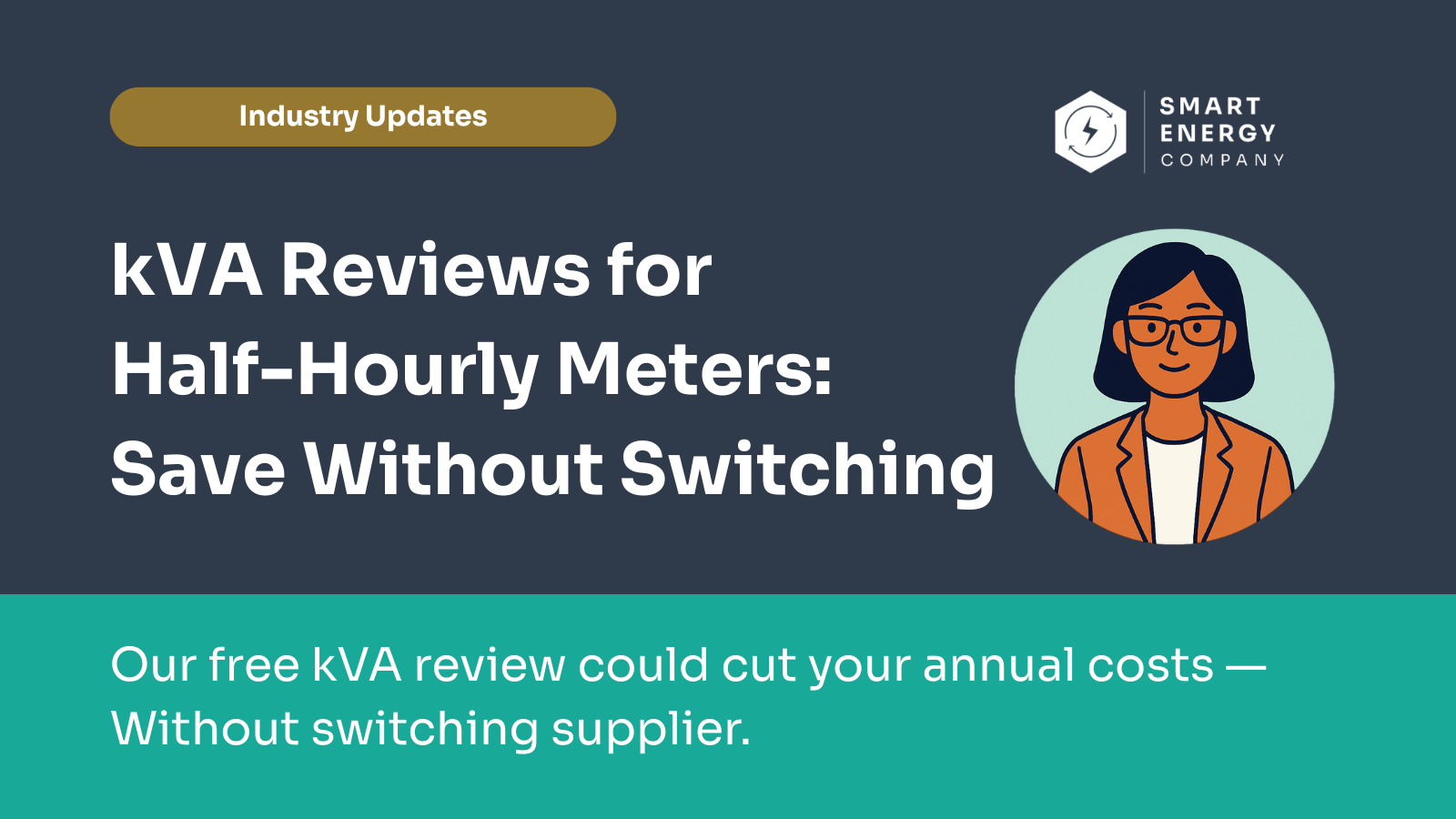 Advertisement for a free KVA review to reduce energy costs, with an illustration of a woman in a circle.