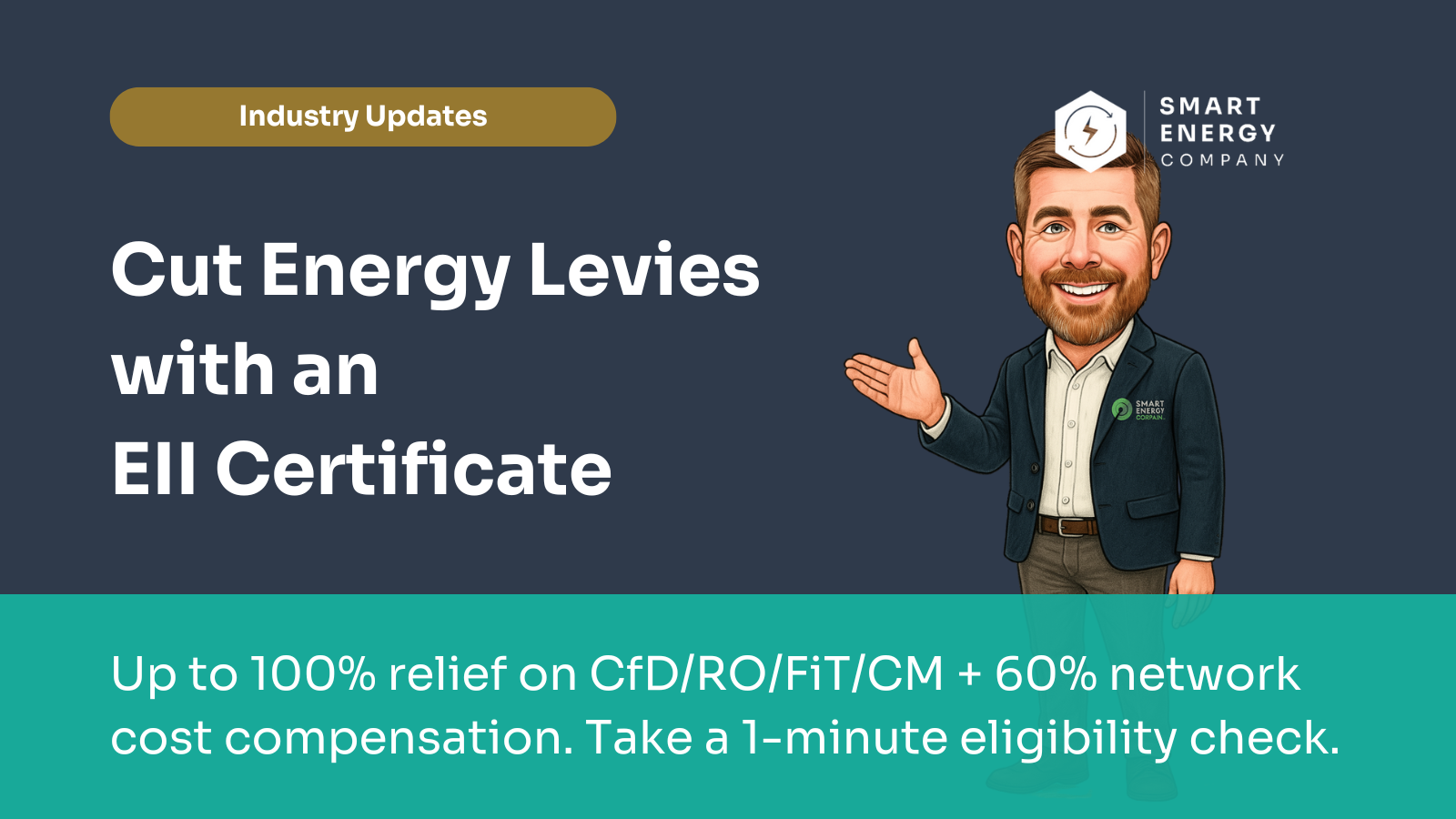 Man in a suit pointing, advertisement for energy tax relief with an EII certificate.