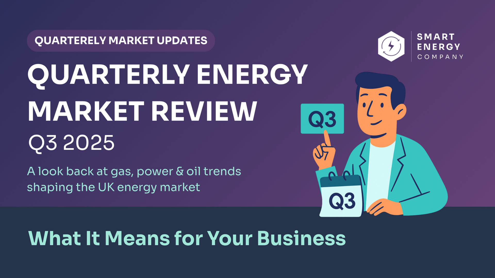 Quarterly Energy Market Review Q3 2025: Man points to a calendar. UK energy market review for business.