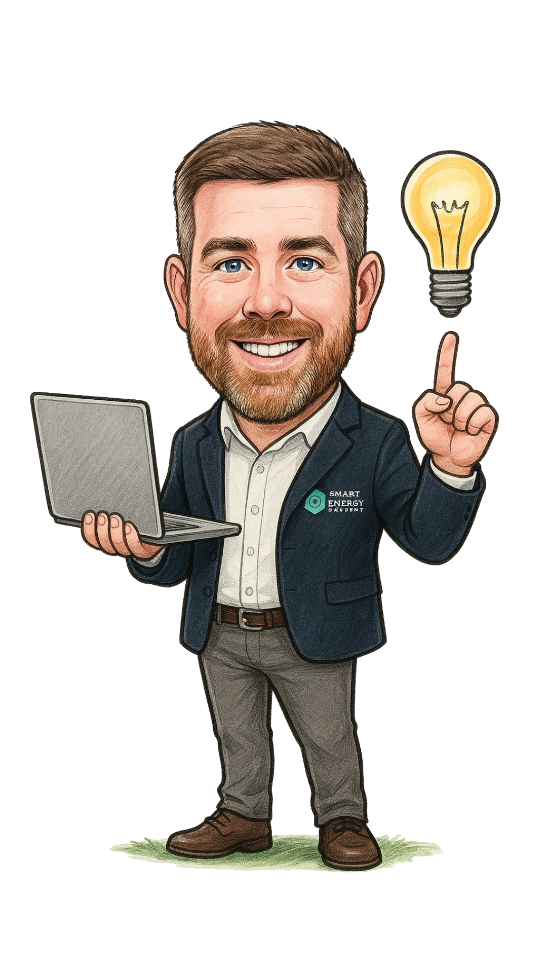 Smiling man in blazer holding laptop, pointing up at a lightbulb, indicating an idea.