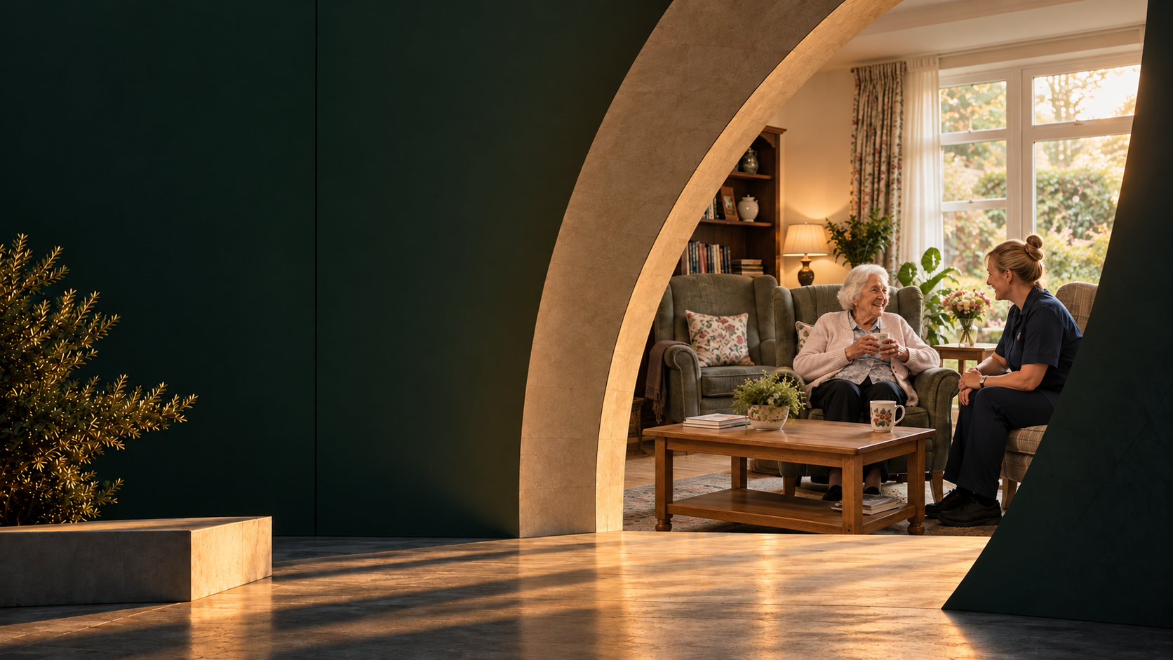 Illustrative care-home lounge framed by a curved stone arch, with a resident and care worker talking