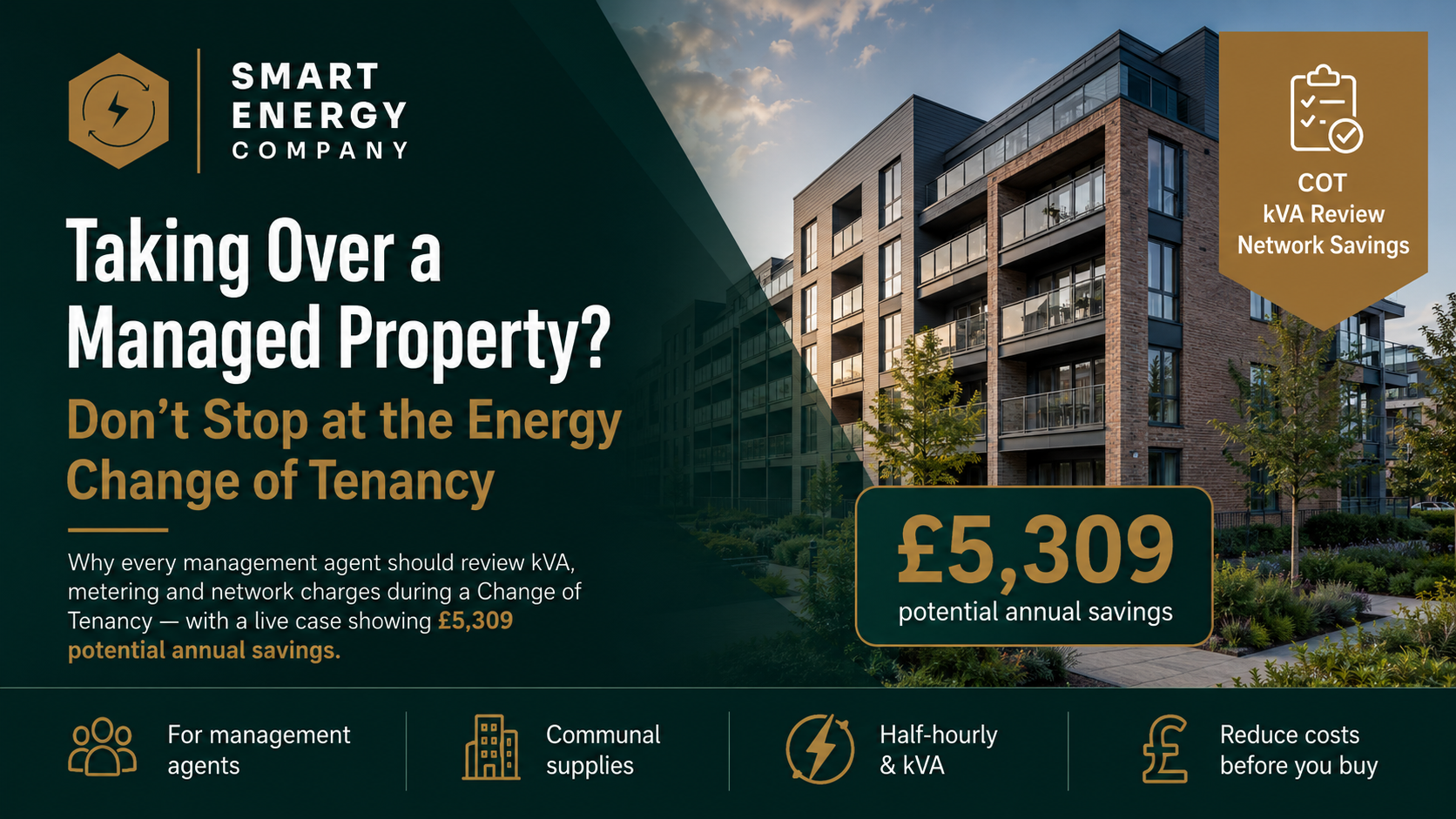 Smart Energy Company ad about taking over a managed property, with building photo and £5,309 savings claim
