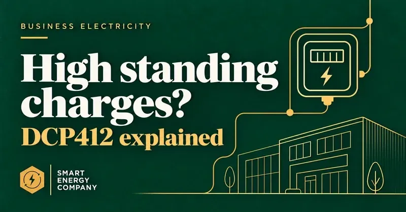 High business electricity standing charges: DCP412 explained, with an electricity meter and business premises.